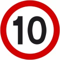 Znak drogowy B-33 ograniczenie prędkości do 10 km/h, średnica 400 mm, folia II generacji. Okrągły znak zakazu z czerwoną obwódką i czarną liczbą "10" na białym tle. Niezbędny znak do stref ruchu pieszego, parkingów i dróg wewnętrznych.