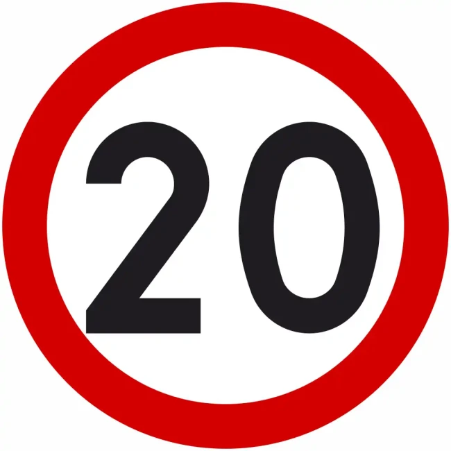 Znak drogowy B-33 ograniczenie prędkości do 20 km/h, fi 400 mm, folia II generacji. Okrągły znak zakazu z czerwoną obwódką i czarną liczbą 20 na białym tle. Regulacja ruchu i poprawa bezpieczeństwa w strefach przemysłowych, magazynach i parkingach