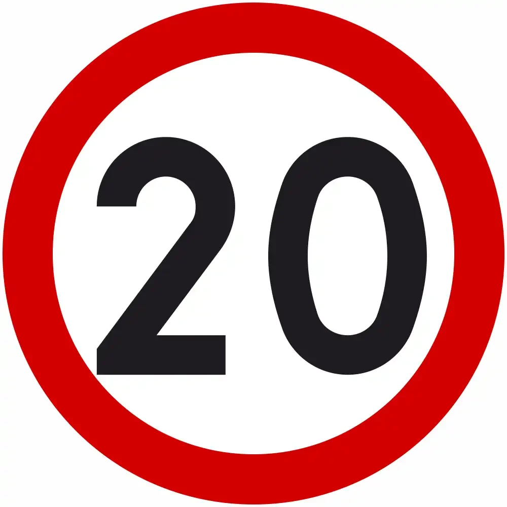 Znak drogowy B-33 Ograniczenie Prędkości 20 km/h. Koło, tło białe, obwódka czerwona, czarna liczba 20. Znak wykonany z blachy, oklejony folią odblaskową I generacji. Średnica 600 mm. Zgodny z przepisami, trwały, zwiększa bezpieczeństwo