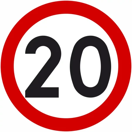 Znak drogowy B-33 Ograniczenie Prędkości 20 km/h. Koło, tło białe, obwódka czerwona, czarna liczba 20. Znak wykonany z blachy, oklejony folią odblaskową I generacji. Średnica 600 mm. Zgodny z przepisami, trwały, zwiększa bezpieczeństwo