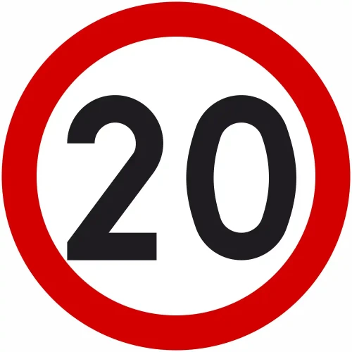 Znak drogowy B-33 Ograniczenie Prędkości 20 km/h. Koło, tło białe, obwódka czerwona, czarna liczba 20. Znak wykonany z blachy, oklejony folią odblaskową I generacji. Średnica 600 mm. Zgodny z przepisami, trwały, zwiększa bezpieczeństwo