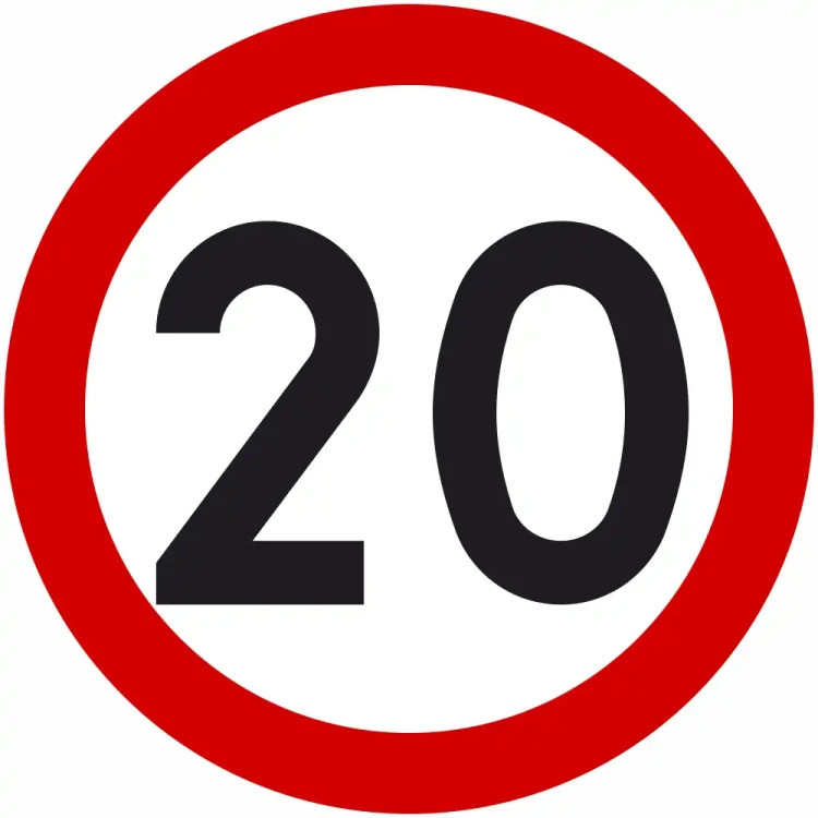 Znak drogowy B-33 Ograniczenie Prędkości 20 km/h. Koło, tło białe, obwódka czerwona, czarna liczba 20. Znak wykonany z blachy, oklejony folią odblaskową I generacji. Średnica 600 mm. Zgodny z przepisami, trwały, zwiększa bezpieczeństwo