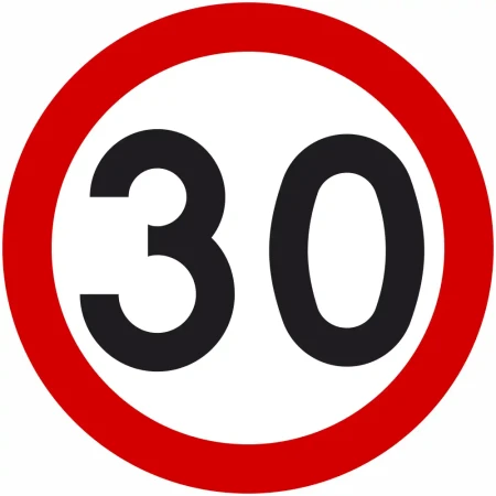 Znak drogowy B-33 Ograniczenie Prędkości 30 km/h. Koło, tło białe, obwódka czerwona, czarna liczba 30. Średnica 600 mm, folia odblaskowa I Generacji. Profesjonalny, certyfikowany znak drogowy dla stref zamieszkania, osiedli i parkingów