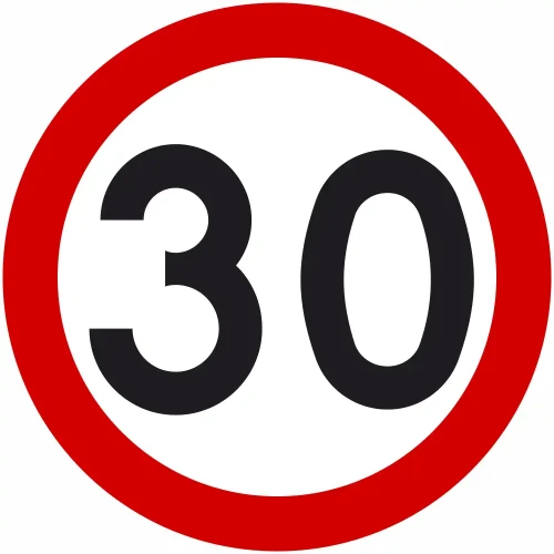 Znak drogowy B-33 Ograniczenie Prędkości 30 km/h. Koło, tło białe, obwódka czerwona, czarna liczba 30. Średnica 600 mm, folia odblaskowa I Generacji. Profesjonalny, certyfikowany znak drogowy dla stref zamieszkania, osiedli i parkingów