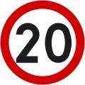 Znak drogowy B-33 Ograniczenie Prędkości 20 km/h. Koło, tło białe, obwódka czerwona, czarna liczba 20. Znak wykonany z blachy, oklejony folią odblaskową II generacji. Średnica 600 mm. Zgodny z przepisami, trwały, zwiększa bezpieczeństwo