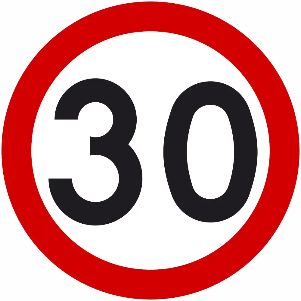 Znak drogowy B-33 ograniczenie prędkości do 30 km/h o średnicy 800 mm, folia odblaskowa I generacji. Okrągły znak zakazu z czerwoną obwódką i cyfrą 30. Idealny do oznakowania dróg, osiedli, stref zamieszkania.