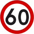 Znak drogowy B-33 ograniczenie prędkości do 60 km/h  o średnicy 800 mm, folia odblaskowa I generacji. Okrągły znak zakazu z czerwoną obwódką i cyfrą 60. Certyfikowane znaki drogowe gwarantujące bezpieczeństwo