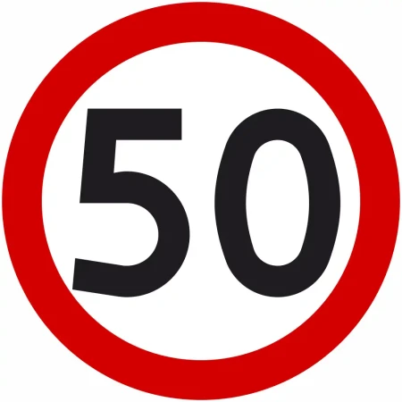 Znak drogowy B-33 ograniczenie prędkości 50 km/h okrągły 900 mm. Znak zakazu B-33 z folią odblaskową I generacji. Limit 50