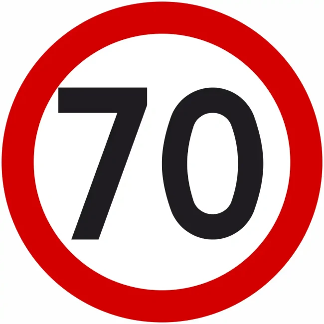 Znak drogowy B-33 ograniczenie prędkości 70 km/h okrągły 900 mm. Znak zakazu B-33 z folią odblaskową I generacji. Limit 70
