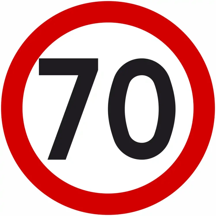 Znak drogowy B-33 ograniczenie prędkości 70 km/h okrągły 900 mm. Znak zakazu B-33 z folią odblaskową I generacji. Limit 70