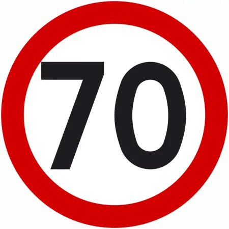 Znak drogowy B-33 ograniczenie prędkości 70 km/h okrągły 1000 mm. Znak zakazu B-33 z folią odblaskową I generacji. Limit 70 kilometrów na godzinę