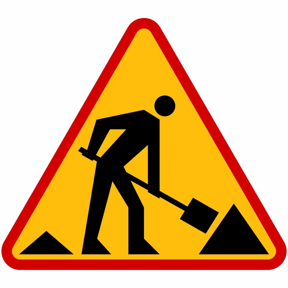 Znak drogowy A-14 "Roboty Drogowe" 600 mm, folia II generacji (Typ 2). Obowiązkowy znak ostrzegawczy do oznakowania robót na drogach publicznych. Trwała tarcza, maksymalna widoczność, pełna zgodność z polskimi normami