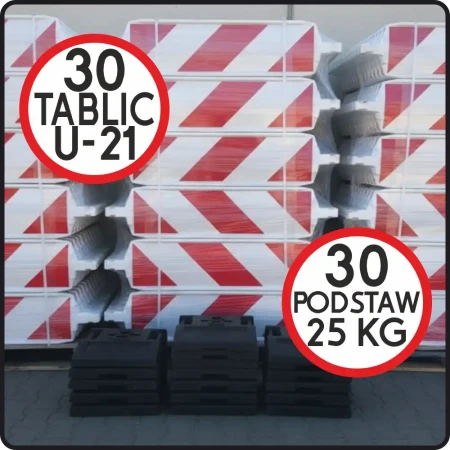 Zestaw 30 tablic kierujących U-21 a/b z wzmacnianego PCV na podstawach 25 kg. Ograniczniki skrajni z folią odblaskową I generacji do oznakowania robót drogowych. Trwałe i stabilne wygrodzenia drogowe od Widrog