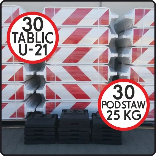Zestaw 30 tablic kierujących U-21 a/b z wzmacnianego PCV na podstawach 25 kg. Ograniczniki skrajni z folią odblaskową I generacji do oznakowania robót drogowych. Trwałe i stabilne wygrodzenia drogowe od Widrog