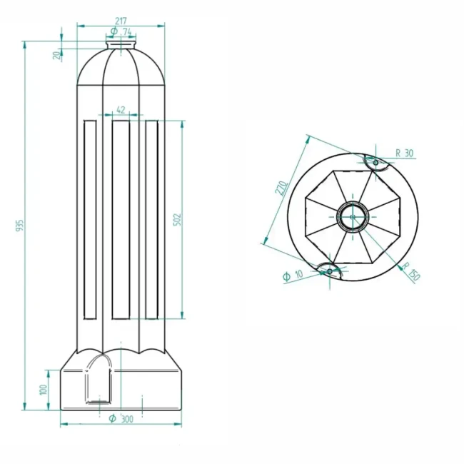 Schemat techniczny słupka drogowego U-5a z wymiarami: wysokość 935 mm, podstawa 300 mm. Pylon przeszkodowy z folią II generacji. Dokumentacja wizualna produktu od Sklep Drogowy Widrog. Profesjonalne oznakowanie pionowe dróg i wysepek drogowych