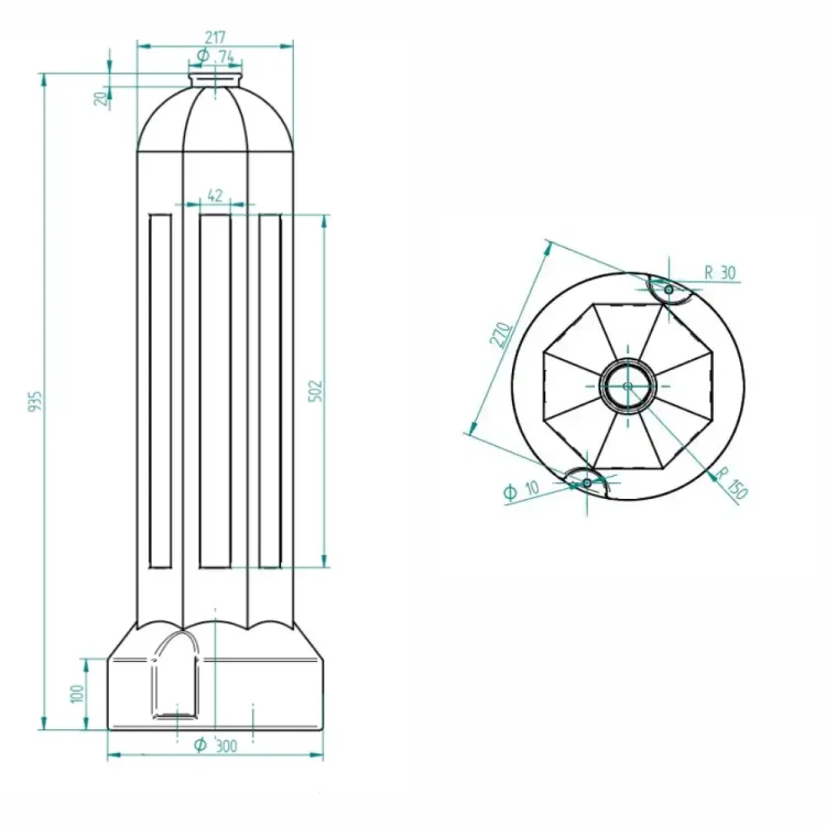 Schemat techniczny słupka drogowego U-5a z wymiarami: wysokość 935 mm, podstawa 300 mm. Pylon przeszkodowy z folią II generacji. Dokumentacja wizualna produktu od Sklep Drogowy Widrog. Profesjonalne oznakowanie pionowe dróg i wysepek drogowych