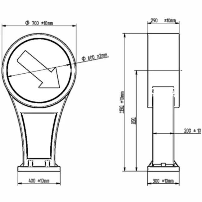 Schemat techniczny słupka U-5b fi 600 mm. Rysunek wymiarowy pylonu drogowego: wysokość 100 cm, szerokość 30 cm, grubość 19 cm. Dokumentacja techniczna urządzenia BRD z polietylenu LLD PE.