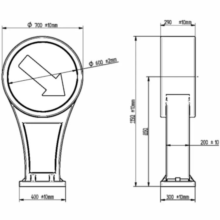 Schemat techniczny słupka U-5b fi 600 mm. Rysunek wymiarowy pylonu drogowego: wysokość 100 cm, szerokość 30 cm, grubość 19 cm. Dokumentacja techniczna urządzenia BRD z polietylenu LLD PE.