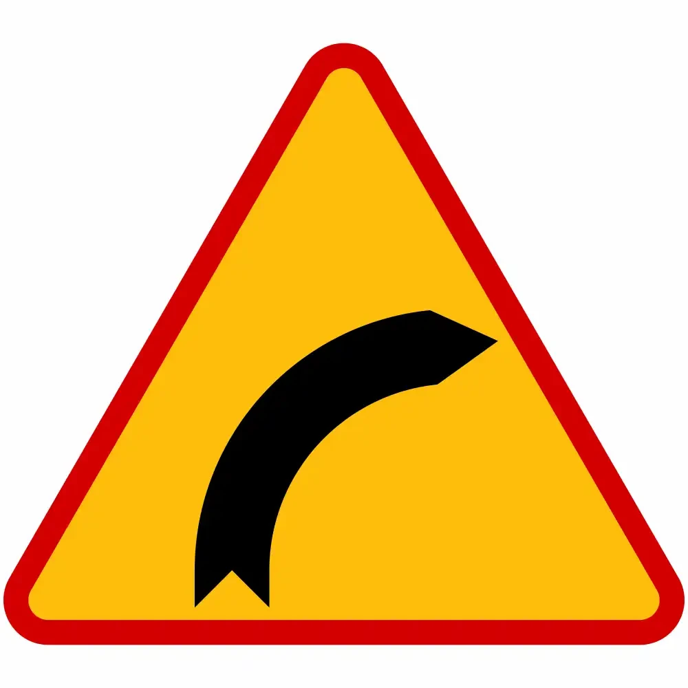 Znak drogowy A-1 Niebezpieczny Zakręt w Prawo 1050 mm. Ostrzega kierowców o ostrym łuku na drodze. Wykonany z trwałej folii I generacji, idealny do oznakowania dróg publicznych. Popraw bezpieczeństwo w ruchu drogowym