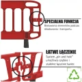 Zbliżenie na funkcje barierki NAVIGATOR® PLUS: system blokowania do transportu oraz system szybkiego łączenia "pin and hole". Modułowa barierka drogowa PE z łatwym montażem/demontażem, idealna do składowania.