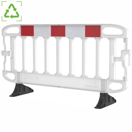 Profesjonalna, biała barierka drogowa NAVIGATOR® PLUS (2 m) z polietylenu. Obrotowe podstawy PCV, panel odblaskowy R1. Do zabezpieczania robót drogowych, placów budowy i imprez masowych