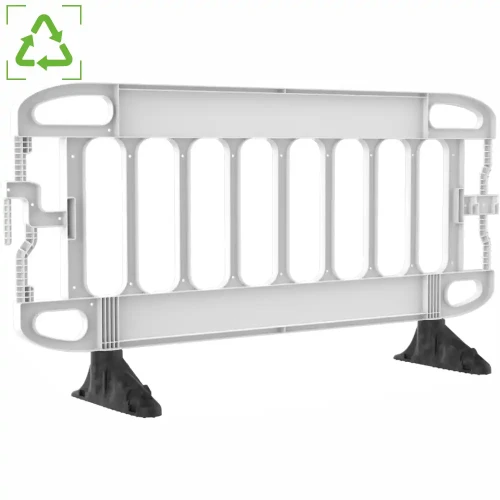 Barierka drogowa NAVIGATOR PLUS, biała, plastikowa, modułowa, 2-metrowa. Lekka, mobilna, tymczasowa barierka budowlana z odblaskami, idealna do wyznaczania stref bezpieczeństwa. Wytrzymała, recyklingowa bariera ostrzegawcza