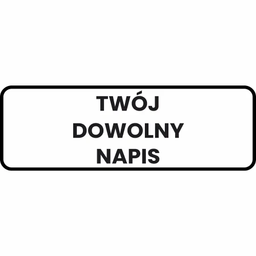 Biała tabliczka odblaskowa 750x250 mm z własnym napisem. Personalizowana tablica informacyjna z blachy ocynkowanej, folia odblaskowa I generacji. Wyraźny czarny tekst i ramka na białym tle. Produkt Sklepu Drogowego Widrog do oznakowania dróg i posesji