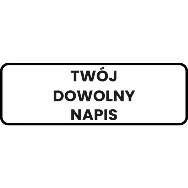 Biała tabliczka odblaskowa 750x250 mm z własnym napisem. Personalizowana tablica informacyjna z blachy ocynkowanej, folia odblaskowa I generacji. Wyraźny czarny tekst i ramka na białym tle. Produkt Sklepu Drogowego Widrog do oznakowania dróg i posesji