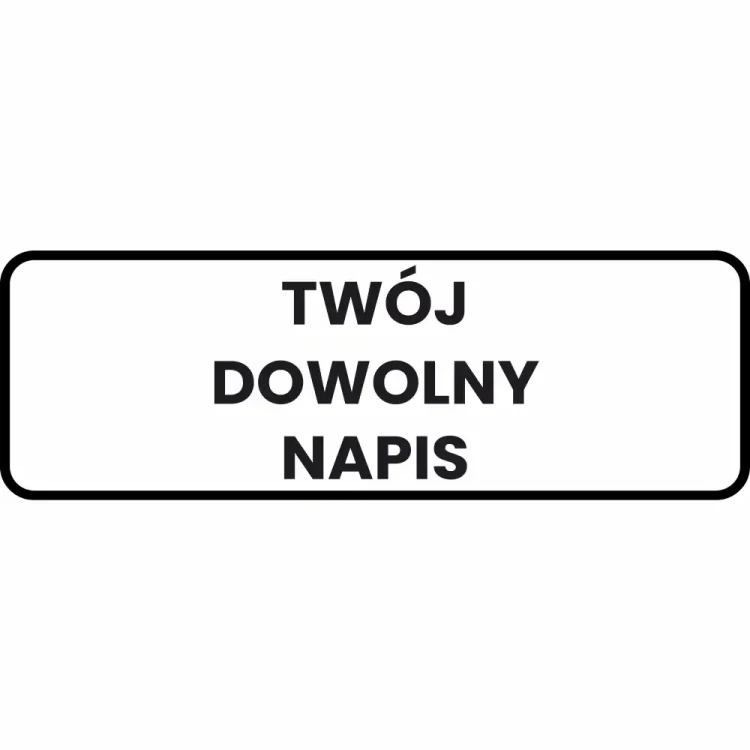 Biała tabliczka odblaskowa 750x250 mm z własnym napisem. Personalizowana tablica informacyjna z blachy ocynkowanej, folia odblaskowa I generacji. Wyraźny czarny tekst i ramka na białym tle. Produkt Sklepu Drogowego Widrog do oznakowania dróg i posesji