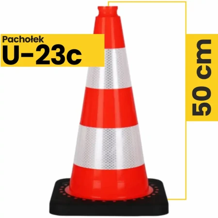 Pachołek drogowy U-23c 50 cm, z dwoma pasami odblaskowymi II generacji. Czerwony stożek ostrzegawczy z czarną podstawą dla maksymalnej stabilności. Idealny do robót drogowych i oznakowania stref. Wytrzymały sprzęt BHP dla bezpieczeństwa