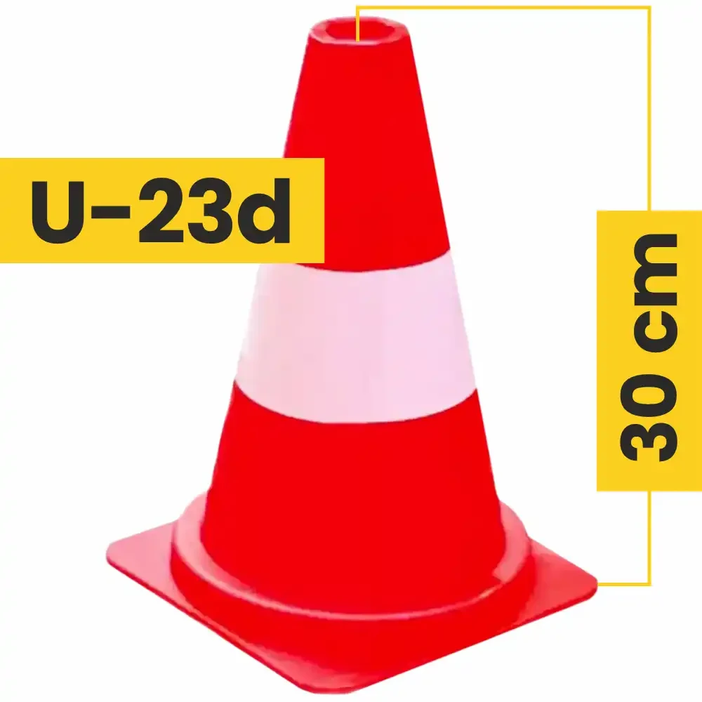 Pachołek Drogowy U-23d - Pasy Malowane - 30 cm fluorescencyjny pomarańczowy z jednym szerokim białym pasem malowanym i kwadratową podstawą.webp