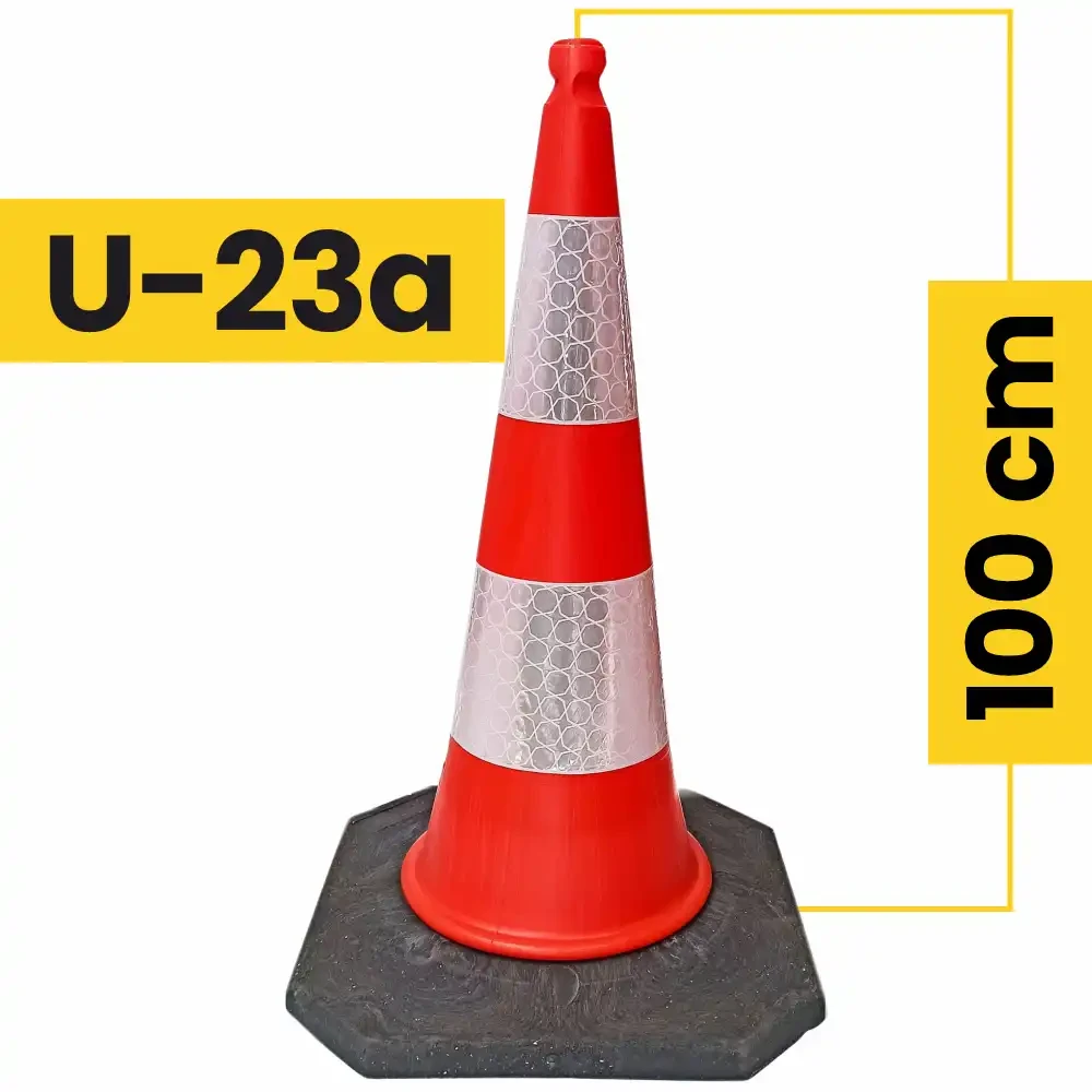 Pachołek Drogowy Ciężki U-23a - 100 cm (Folia II Generacji) z dwoma pasami folii pryzmatycznej o strukturze plastra miodu na ciężkiej czarnej podstawie