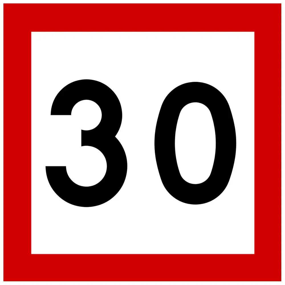 Znak BT-1 - ograniczenie prędkości - folia I generacji, kwadratowa tarcza znaku drogowego 30 km/h na biało-czerwonym tle