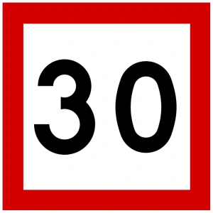 Znak BT-1 - ograniczenie prędkości - folia I generacji, kwadratowa tarcza znaku drogowego 30 km/h na biało-czerwonym tle