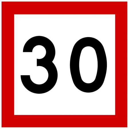 Znak BT-1 - ograniczenie prędkości - folia I generacji, kwadratowa tarcza znaku drogowego 30 km/h na biało-czerwonym tle