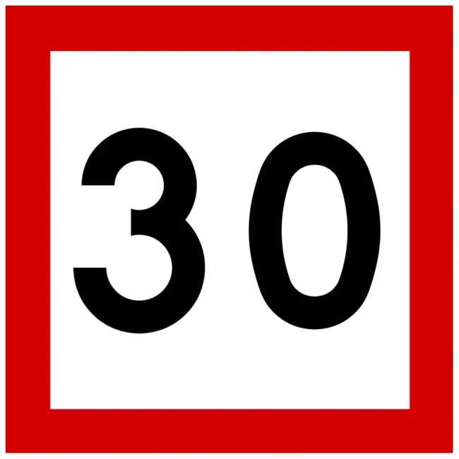 Znak BT-1 - ograniczenie prędkości - folia I generacji, kwadratowa tarcza znaku drogowego 30 km/h na biało-czerwonym tle