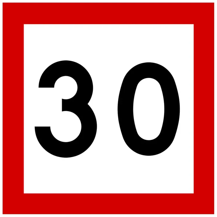 Znak BT-1 - ograniczenie prędkości - folia I generacji, kwadratowa tarcza znaku drogowego 30 km/h na biało-czerwonym tle