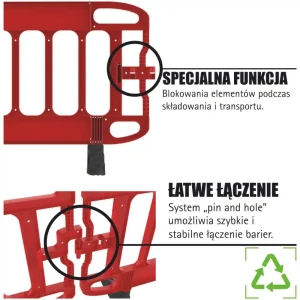 Zbliżenie na funkcje barierki NAVIGATOR® ECO: system blokowania do transportu oraz system szybkiego łączenia "pin and hole". Modułowa barierka drogowa PE z łatwym montażem/demontażem, idealna do składowania.