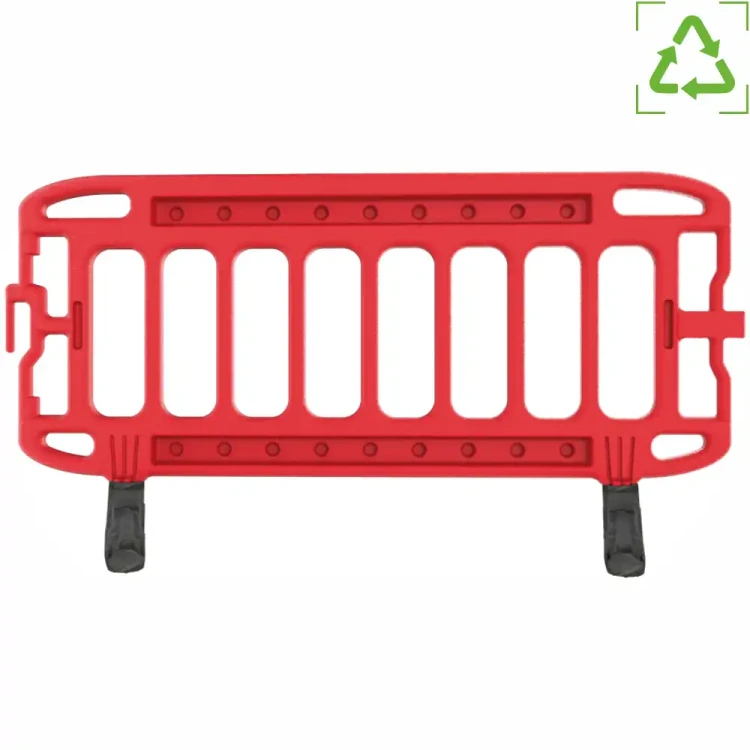 Barierka drogowa NAVIGATOR ECO, czerwona, plastikowa, modułowa, 2-metrowa. Lekka, mobilna, tymczasowa barierka budowlana z odblaskami, idealna do wyznaczania stref bezpieczeństwa. Wytrzymała, recyklingowa bariera ostrzegawcza