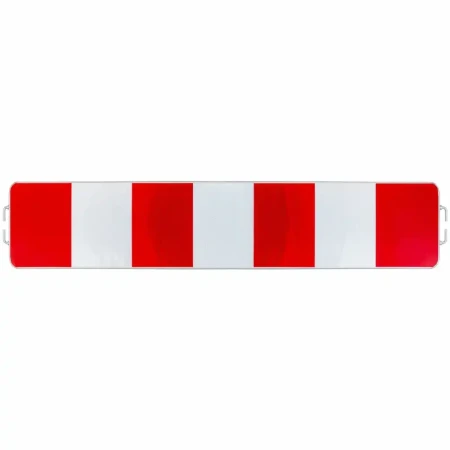 alt="Zapora U-20a 1750x250 mm typ 1 z haczykami RA1. Prostokątna stalowa blacha ocynkowana z naprzemiennymi czerwono-białymi pasami folii odblaskowej i metalowymi haczykami montażowymi po obu stronach."
