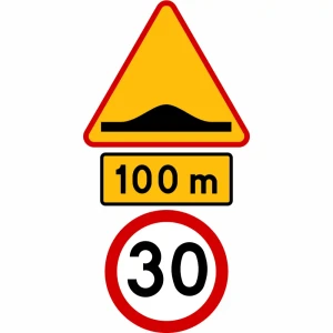 Zestaw znaków A-11a + B-33 + T-1 - oznakowanie progu zwalniającego - folia I generacji - znaki małe