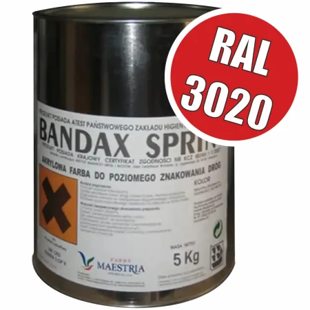 Metalowa puszka czerwonej farby drogowej Bandax Sprint, kolor RAL 3020, waga 5 kg