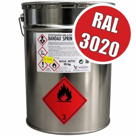 Puszka czerwonej farby drogowej BANDAX SPRINT, RAL 3020, Pojemność 20 litrów, Waga 30 kg