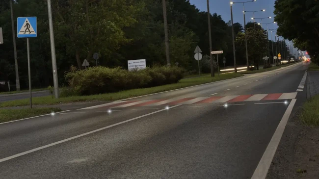 Kocie oczka drogowe LED DPT3 przy przejściu dla pieszych po zmroku