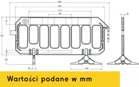 Rysunek techniczny zapory drogowej Gate HDPE z wymiarami w milimetrach