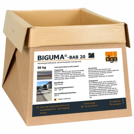 Opakowanie masy zalewowej BIGUMA BAB 20 o masie 30 kg w kartonowym pudełku z etykietą producenta DGA