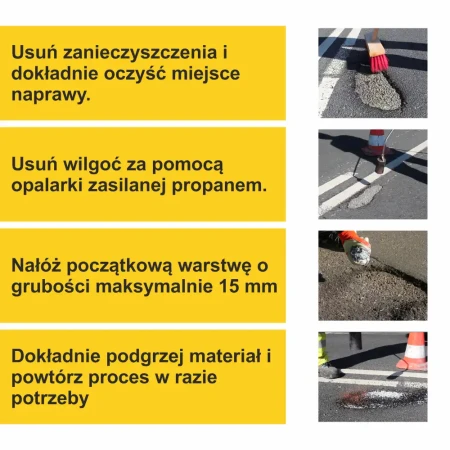 Infografika przedstawiająca etapy aplikacji masy naprawczej na gorąco ChipFill: oczyszczenie ubytku, osuszenie podłoża, nałożenie materiału i jego podgrzanie.