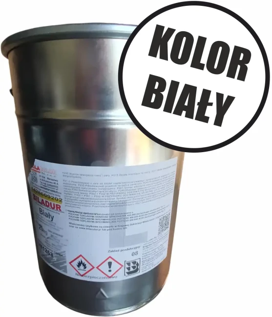 Biała masa chemoutwardzalna Biladur 20 kg w metalowym wiadrze, oznaczenie „Kolor biały”.