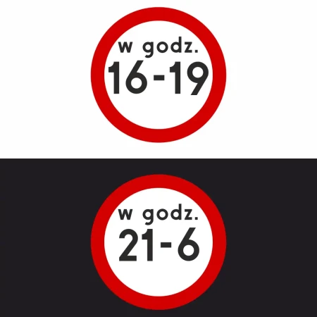 Znak drogowy B-1 z oznaczeniem godzin obowiązywania zakazu ruchu