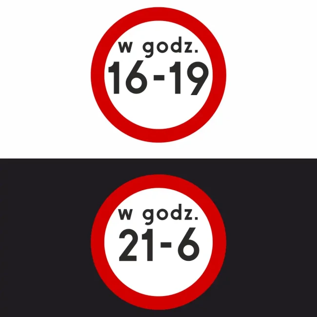 Znak drogowy B-1 z oznaczeniem godzin obowiązywania zakazu ruchu